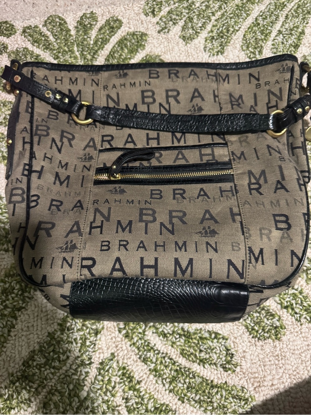 Brahmin Tan and Black Logo Crossbody Shoulder Bag